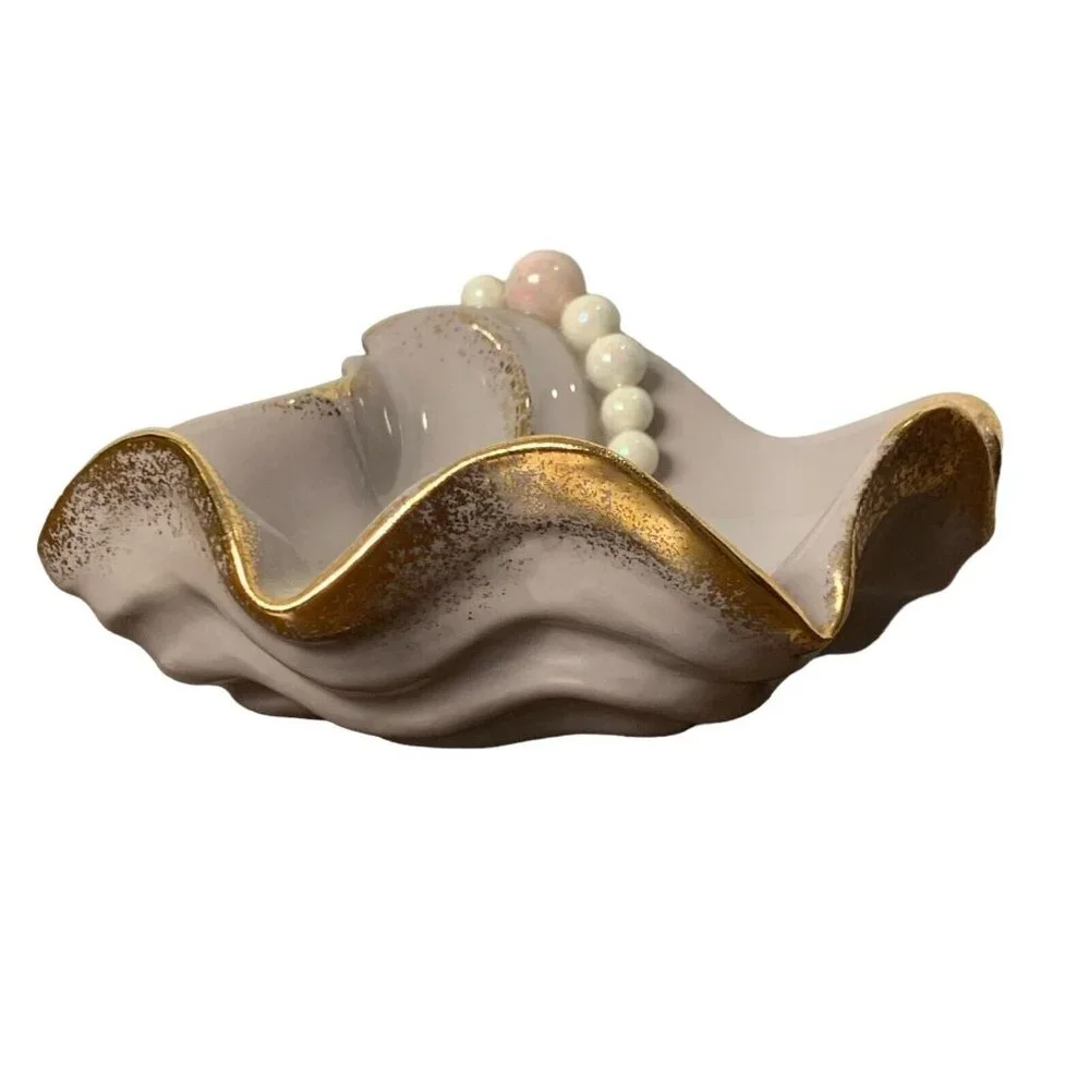 Vintage‎ MCM Gilt Seashell Ashtray Trinket Dish Pearls Midcentury Mermaid Ocean